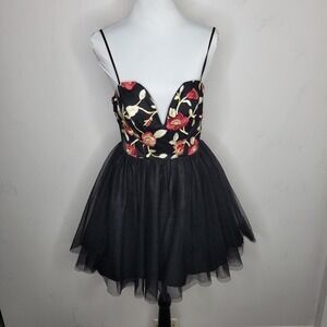 Mini Tulle Dress Balletcore Black Floral Layered‎ Lace up Back 7 HoCo Formal